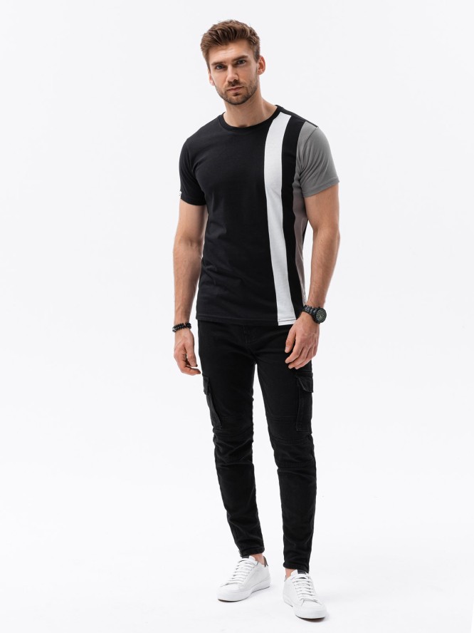T-shirt męski z pionowymi kontrastowymi elementami - czarny V1 OM-TSCT-22SS-006 - XXL
