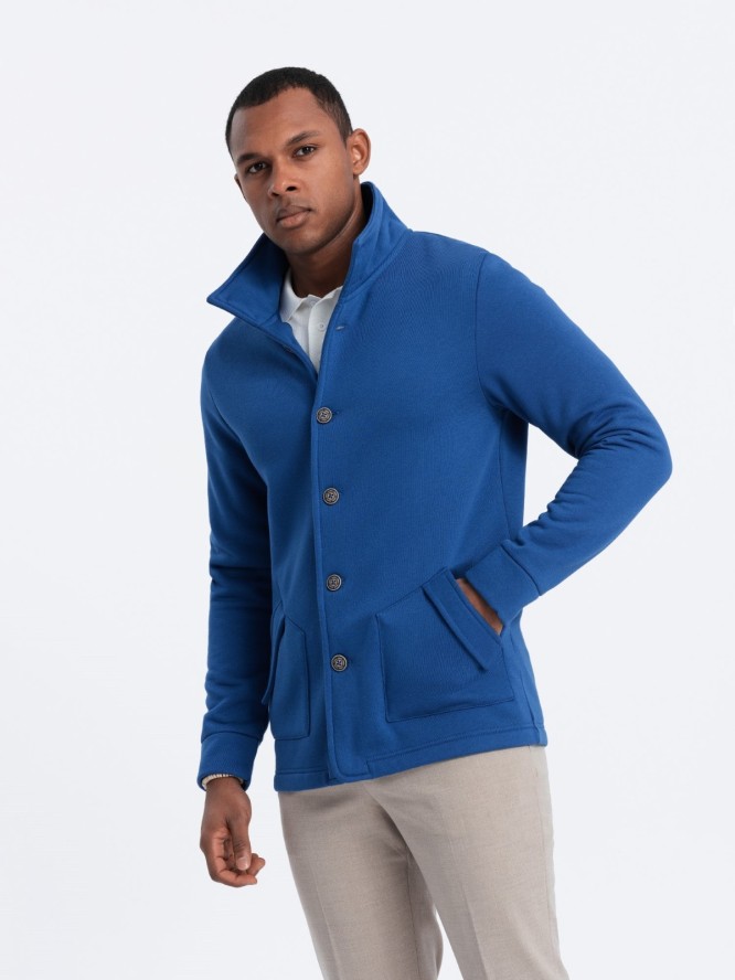 Bluza męska casual ze stójką zapinana na guziki - niebieska V1 OM-SSZP-0171 - L