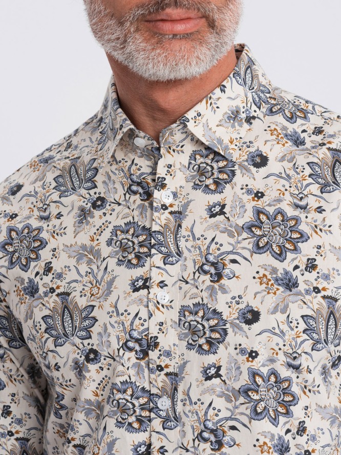Męska koszula SLIM FIT we wzór florystyczny - beżowo-szara V1 OM-SHPS-0139 - XXL