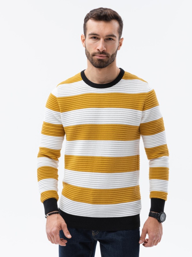 Sweter męski w paski - musztardowy V2 E189 - XXL