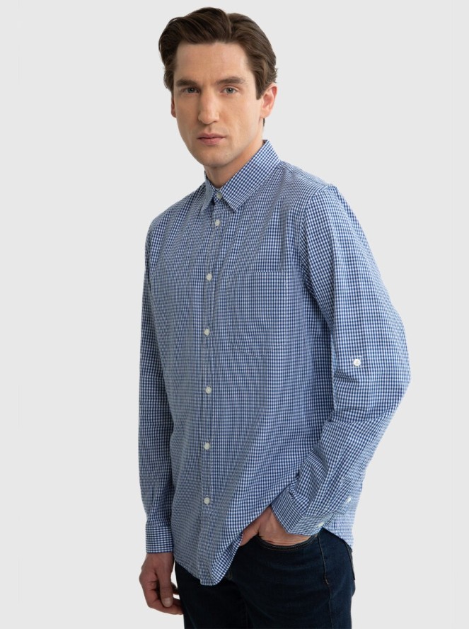 Koszula męska w drobną kratę niebieska Mersinino 402