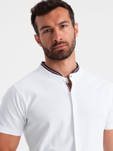 Dzianinowa męska koszula z krótkim rękawem i kolorową stójką – biała V1 OM-SHSS-0101 - XXL