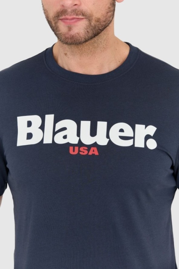 BLAUER Granatowy męski t-shirt z dużym logo