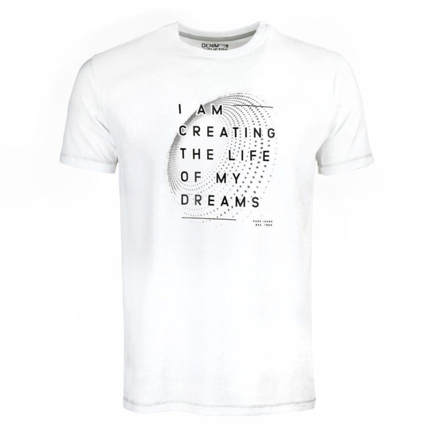 T-shirt Bawełniany, Biały Męski z Nadrukiem, DREAM, Krótki Rękaw, U-neck -PAKO JEANS