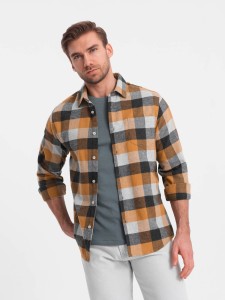 Flanelowa koszula męska w kratę - żółto-czarna V2 OM-SHCS-0150 - XXL