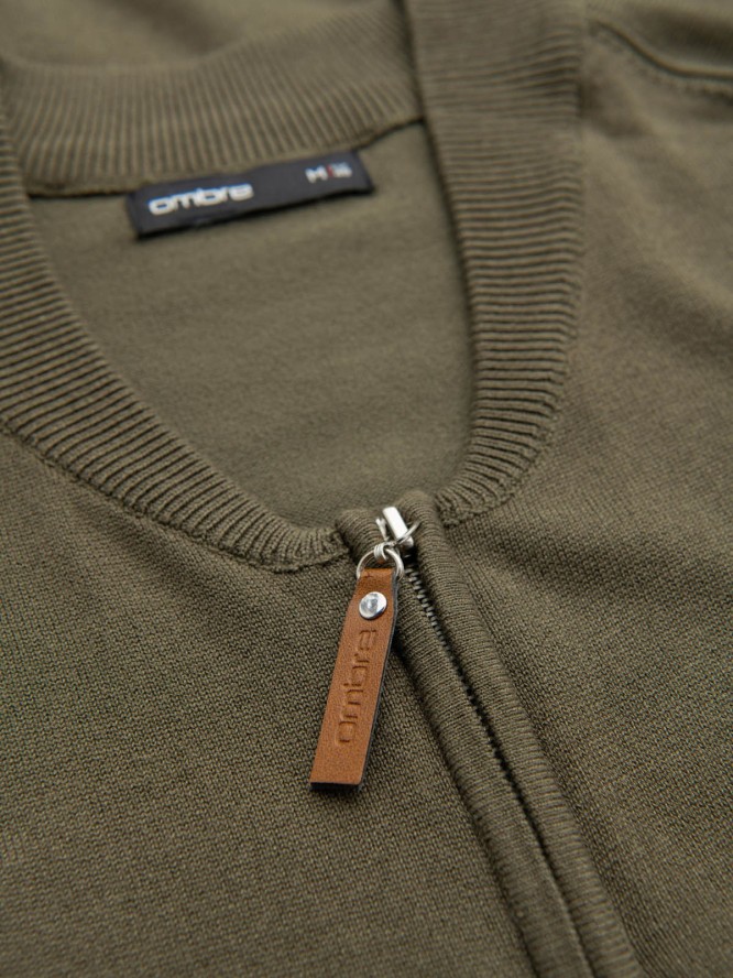 Sweter męski z wiskozą i rozpinanym dekoltem – oliwkowy V1 OM-SWZS-0124 - XXL