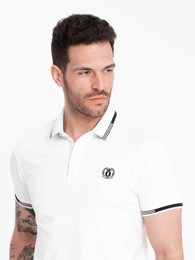 Męska koszulka polo z elastanem z kontrastowymi elementami - biała V1 OM-POSS-0123 - XXL