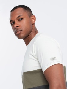 T-shirt męski trójkolorowy w szerokie pasy - kremowo-grafitowy V6 OM-TSCT-0152 - XXL