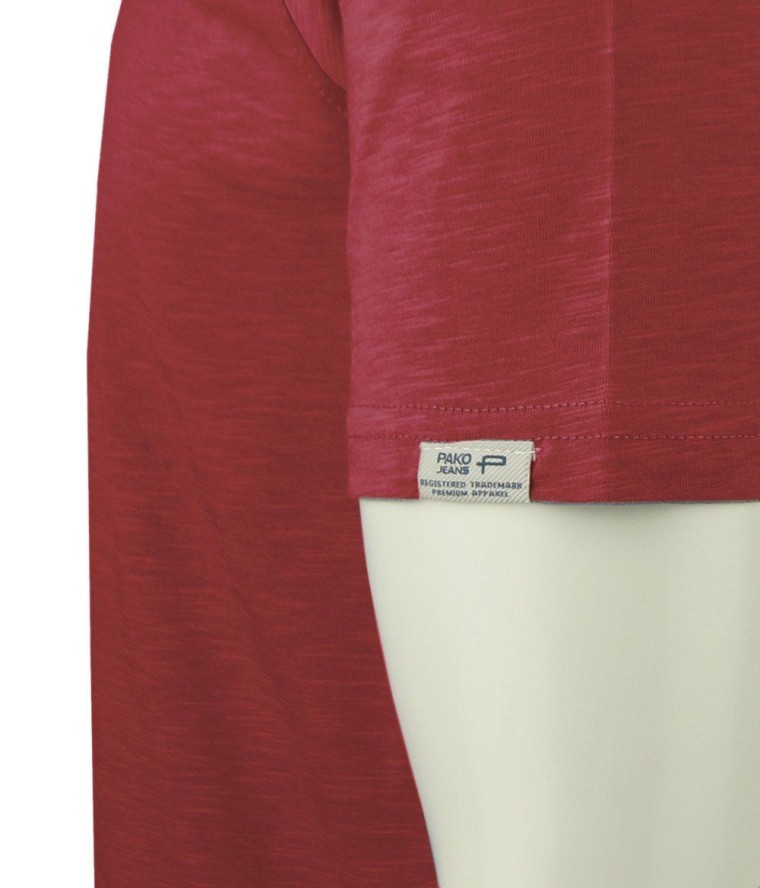 T-Shirt z Dekoltem na Guziki -Pako Jeans- Lekko Melanżowa, Bordowa Tkanina