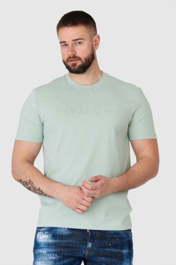 GUESS Pistacjowy t-shirt męski z wytłaczanym logo