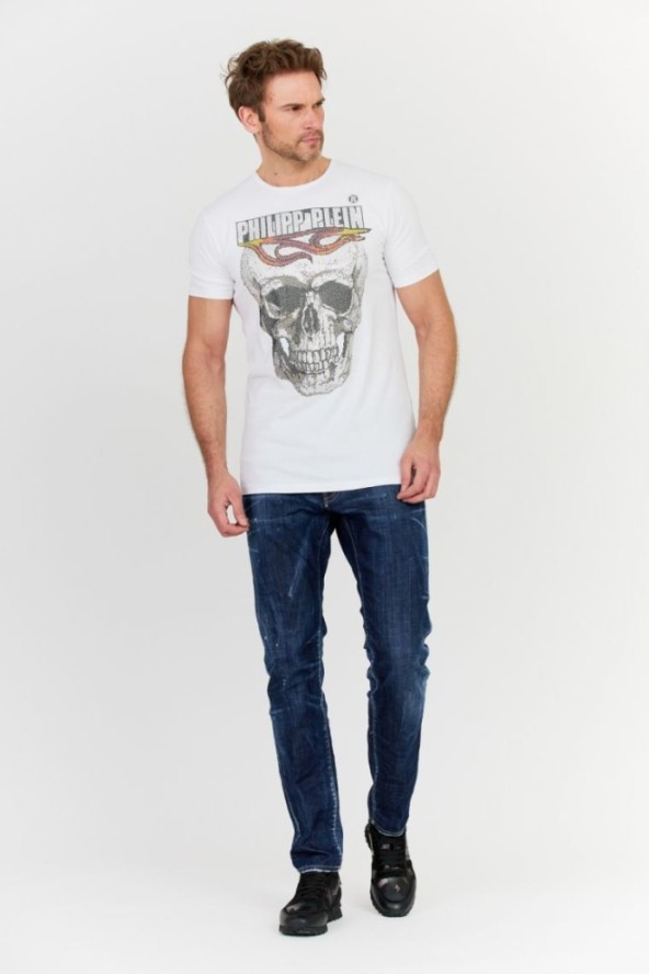 PHILIPP PLEIN Biały t-shirt męski Round neck ss flame