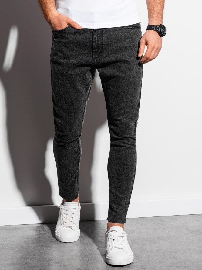Męskie jeansowe spodnie marmurkowe z surowo wykończoną nogawką SLIM FIT - czarne V3 OM-PADP-0146 - XL