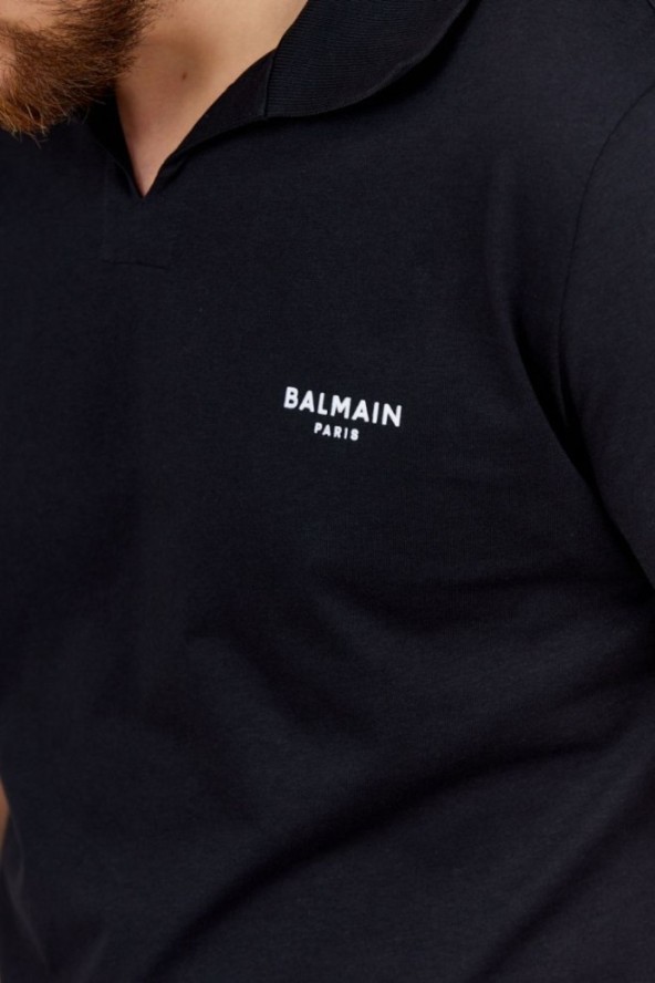 BALMAIN Czarna koszulka polo z aksamitnym logo