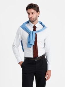 Bawełniana koszula męska w mikro wzór REGULAR FIT - biała V1 OM-SHCS-0152 - XXL
