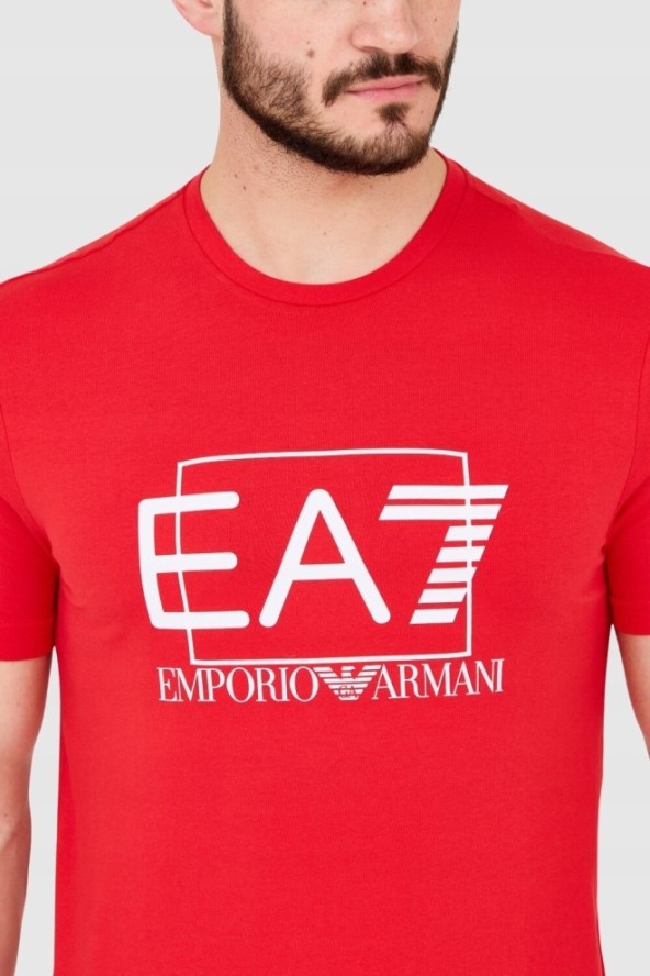 EA7 Czerwony męski t-shirt z dużym białym logo
