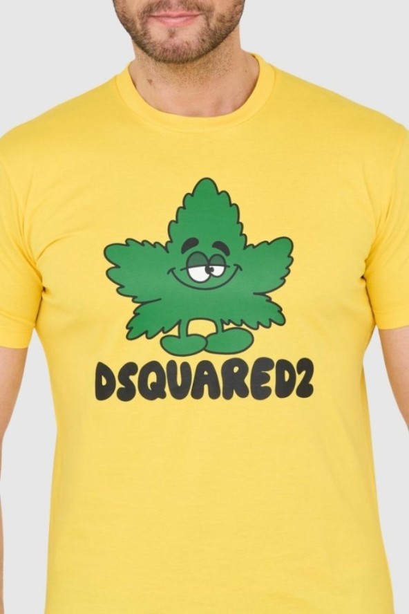 DSQUARED2 Żółty t-shirt z logo i zielonym liściem