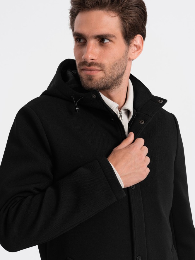 Męski ocieplany płaszcz z kapturem i krytym zamkiem - czarny V1 OM-COWC-0110 - XXL