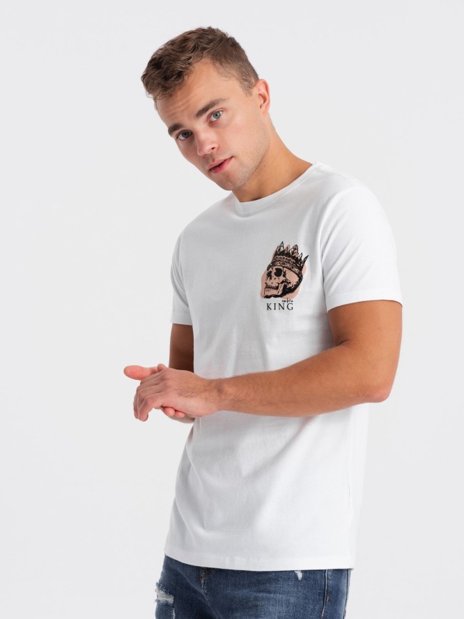 T-shirt męski bawełniany z nadrukiem na klatce piersiowej - biały V3 OM-TSPT-0167 - XXL