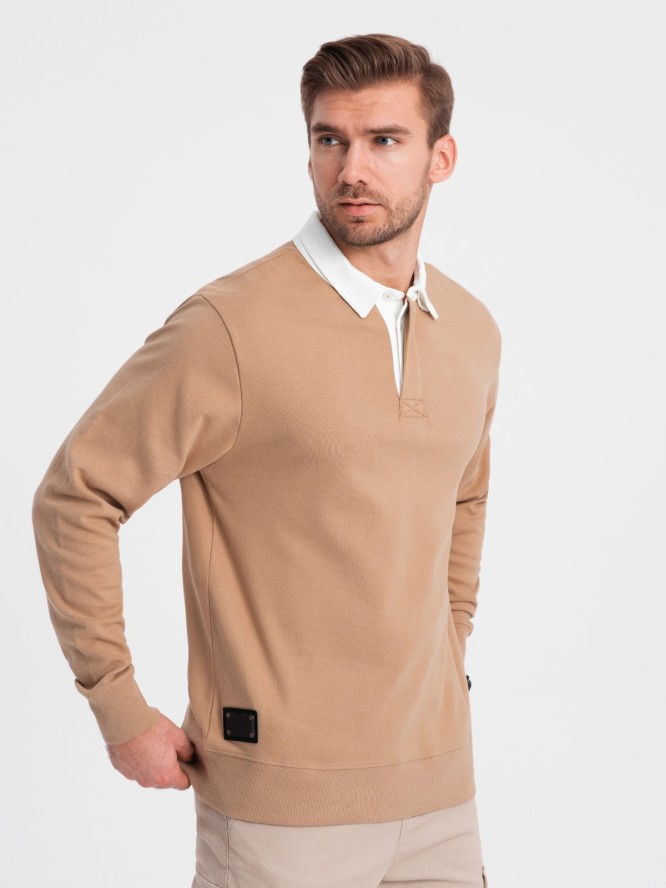 Bluza męska z białym kołnierzykiem polo - jasnobrązowa V8 OM-SSNZ-0132 - XXL