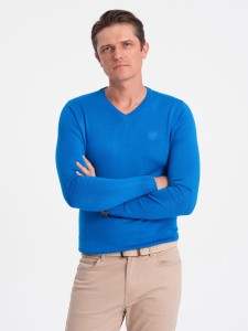 Elegancki sweter męski z dekoltem w serek - niebieski V19 OM-SWBS-0107 - XXL