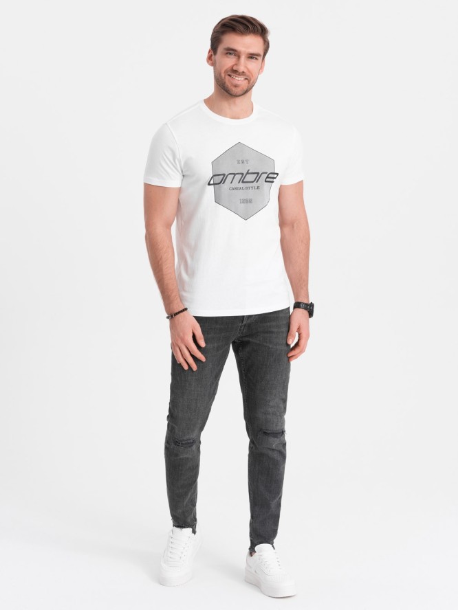 T-shirt męski bawełniany z nadrukiem geometrycznym i logotypem - biały V1 OM-TSPT-0141 - XXL