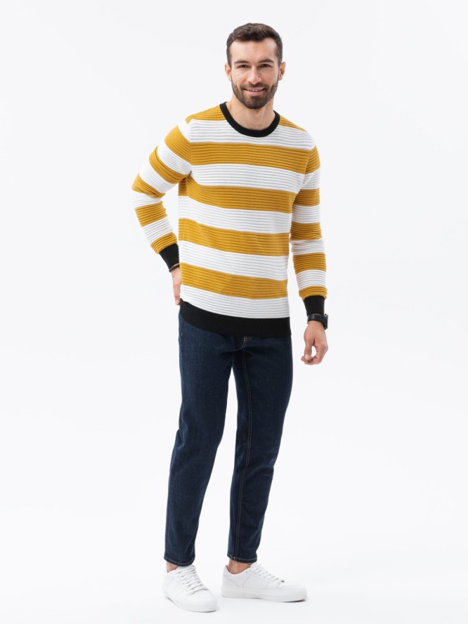 Sweter męski w paski - musztardowy V2 E189 - XXL