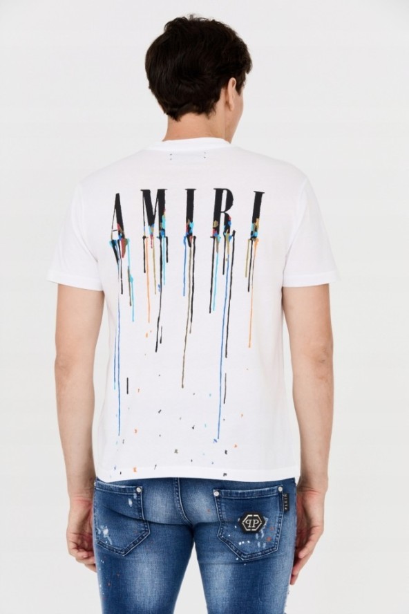 AMIRI T-shirt biały z efektem kolorowej farby