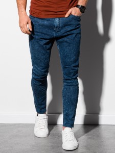 Męskie spodnie jeansowe marmurkowe z surowo wykończoną nogawką SLIM FIT - ciemnoniebieskie V4 OM-PADP-0146 - S