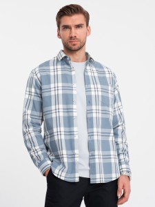 Klasyczna flanelowa męska koszula bawełniana w kratę - niebiesko-kremowa V2 OM-SHCS-0157 - XXL