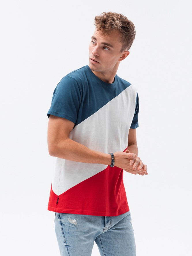 T-shirt męski bawełniany trzykolorowy - niebiesko/czerwony V6 S1627 - XL