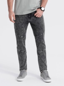 Spodnie męskie jeansowe slim fit z przeszyciem na kolanach - szary V3 OM-PADP-0109 - XXL