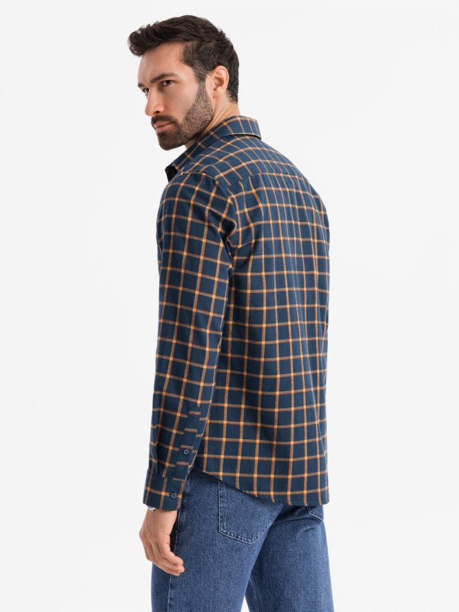 Męska flanelowa koszula w kratę SLIM FIT - granatowo-pomarańczowa V1 OM-SHCS-0145 - XXL