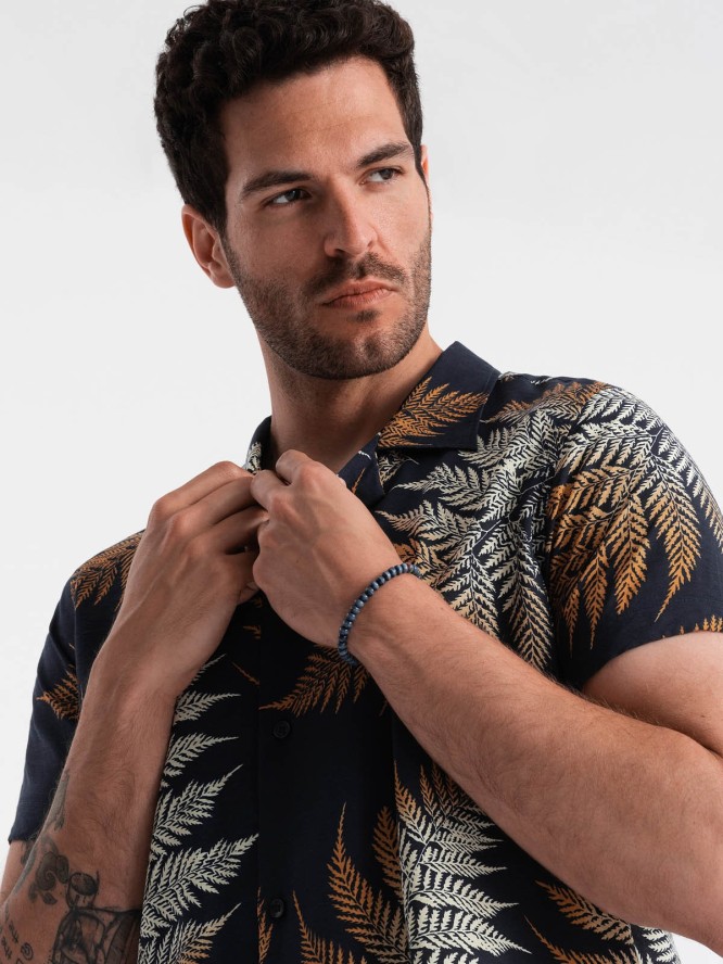 Wzorzysta męska koszula wiskozowa z krótkim rękawem – paproć V3 OM-SHPS-0113 - XXL