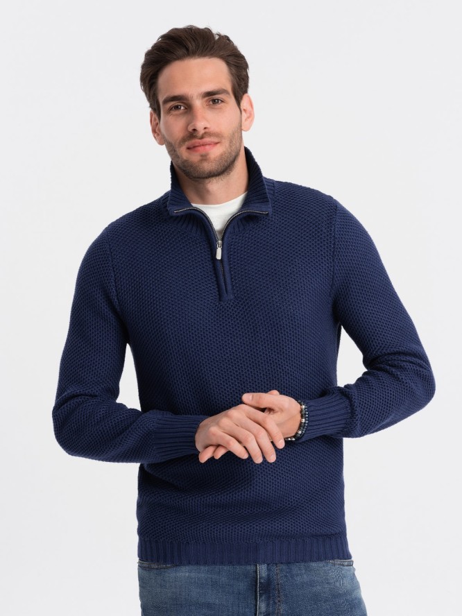 Sweter męski dzianinowy z rozpinaną stójką - ciemnoniebieski V7 OM-SWZS-0105 - XXL