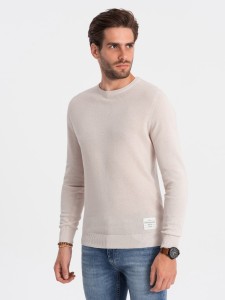 Sweter męski z teksturą i półokrągłym dekoltem - beżowy V6 OM-SWSW-0104 - XXL