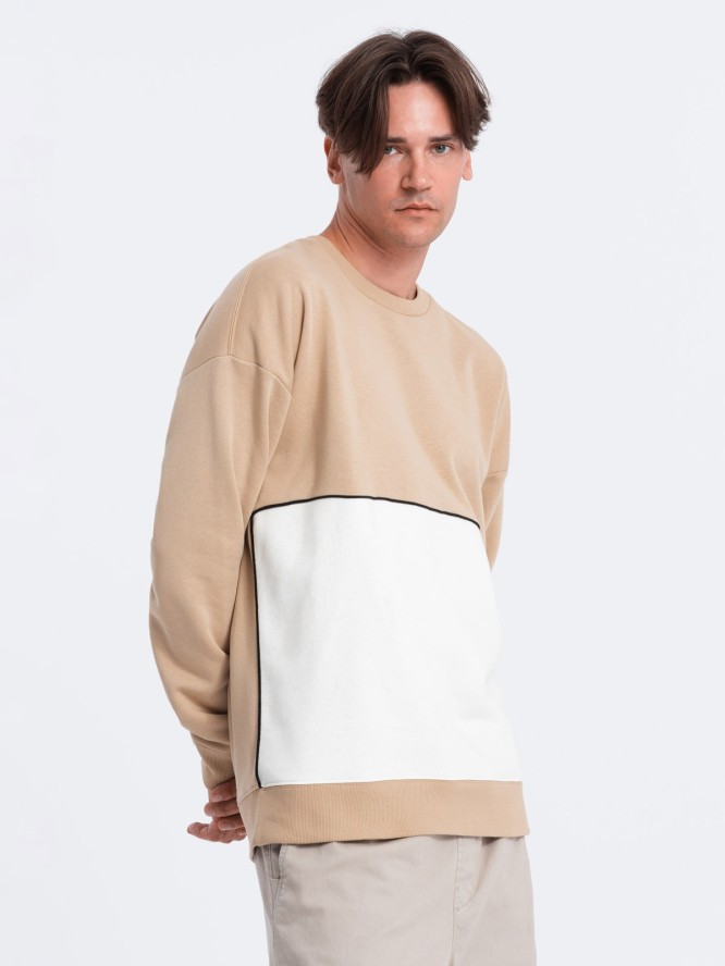 Bluza męska OVERSIZE z kontrastowym łączeniem kolorów - beżowa V2 OM-SSNZ-0130 - XXL