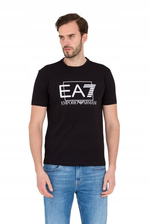 EA7 Czarny męski t-shirt z dużym białym logo