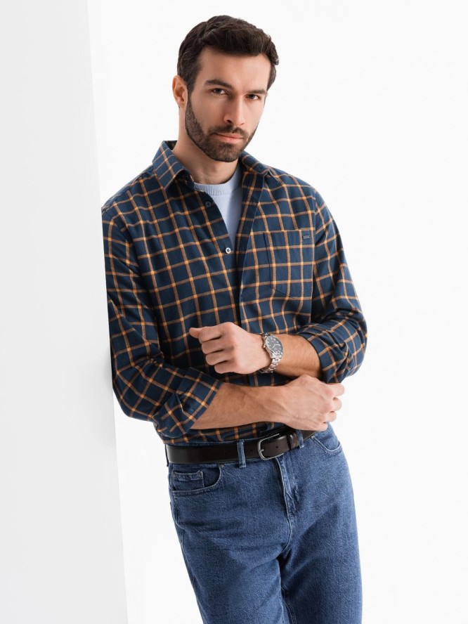 Męska flanelowa koszula w kratę SLIM FIT - granatowo-pomarańczowa V1 OM-SHCS-0145 - XXL