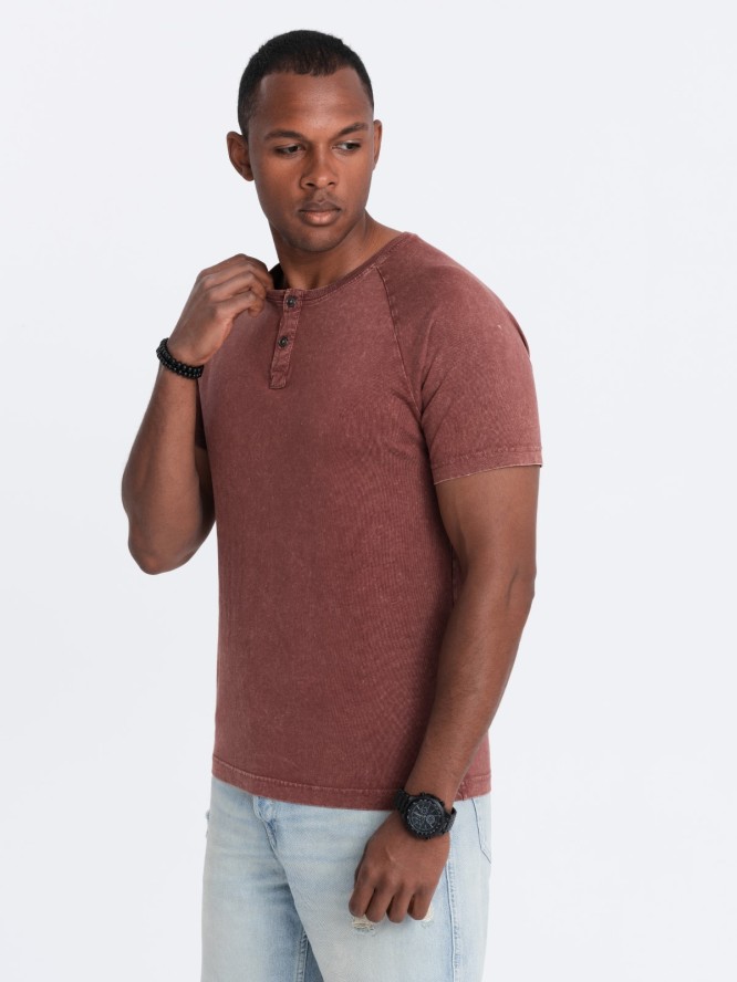 T-shirt męski z dekoltem henley - bordowy V3 S1757 - L