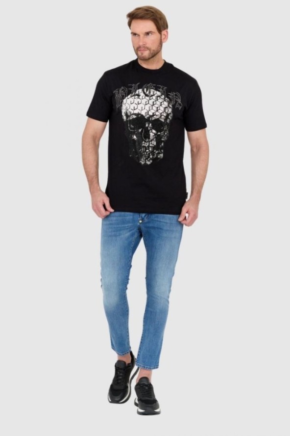 PHILIPP PLEIN Czarny t-shirt zdobiony dżetami z czaszką i logo