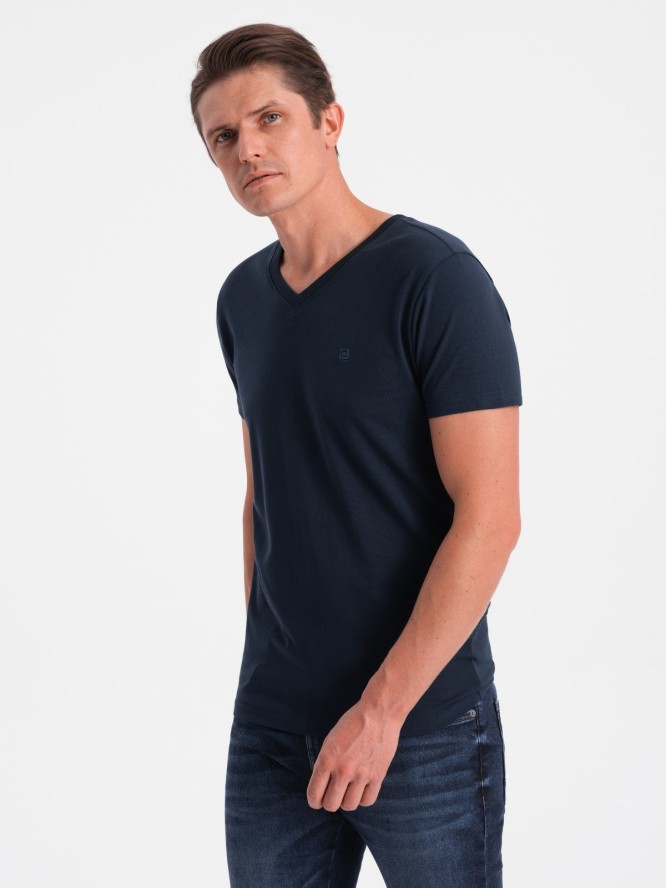 T-shirt męski V-NECK z elastanem - granatowy V2 OM-TSCT-0106 - XXL