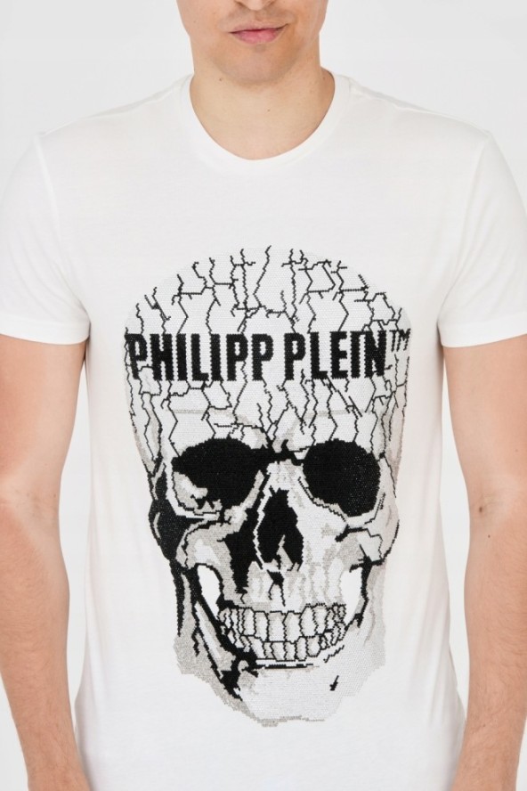PHILIPP PLEIN T-shirt biały z popękaną czaszką