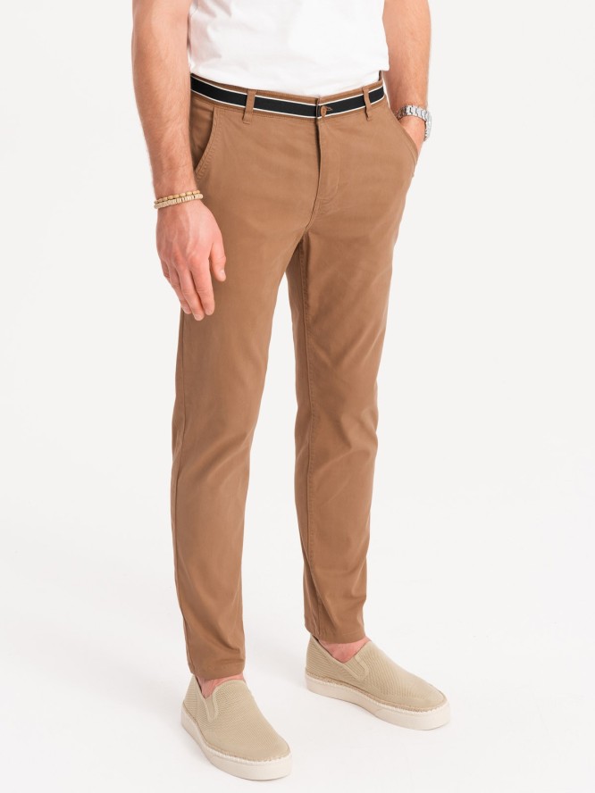 Spodnie męskie chino z ozdobną taśmą w pasie – brązowe V4 OM-PACP-0118 - XXL