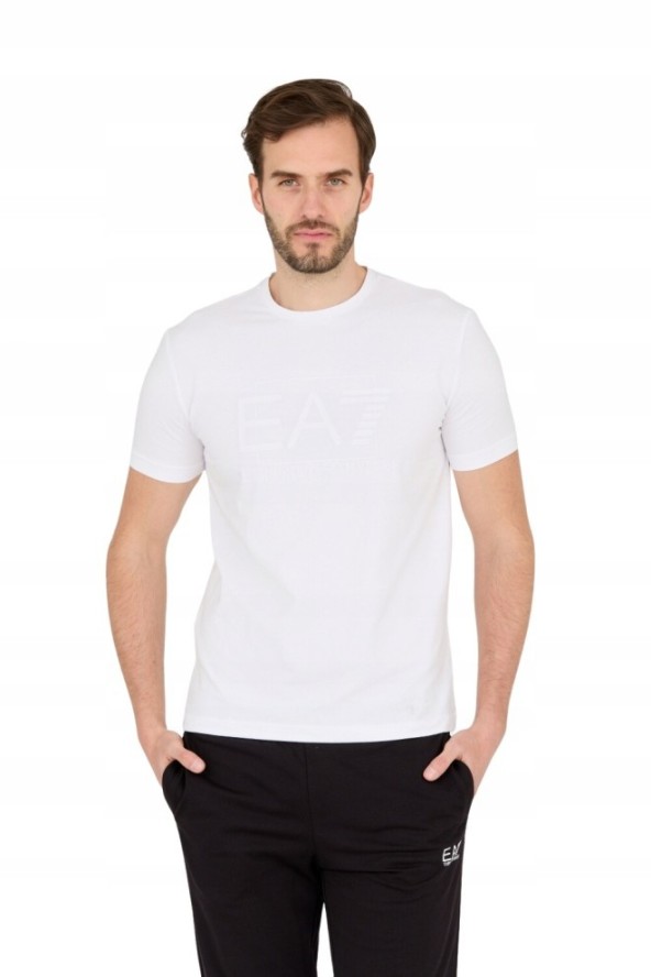EA7 Biały męski t-shirt z dużym białym logo