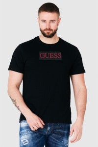 GUESS Czarny t-shirt męski z czerwonym logo