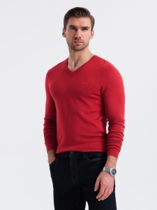 Męski elegancki sweter V-neck BASIC z wiskozą – czerwony V20 OM-SWBS-0107 - XXL