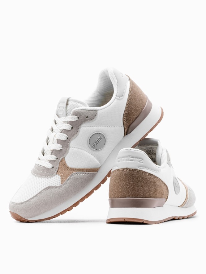Buty męskie sneakersy z łączonych materiałów i siateczką - biało-brązowe V1 OM-FOSL-0155 - 45