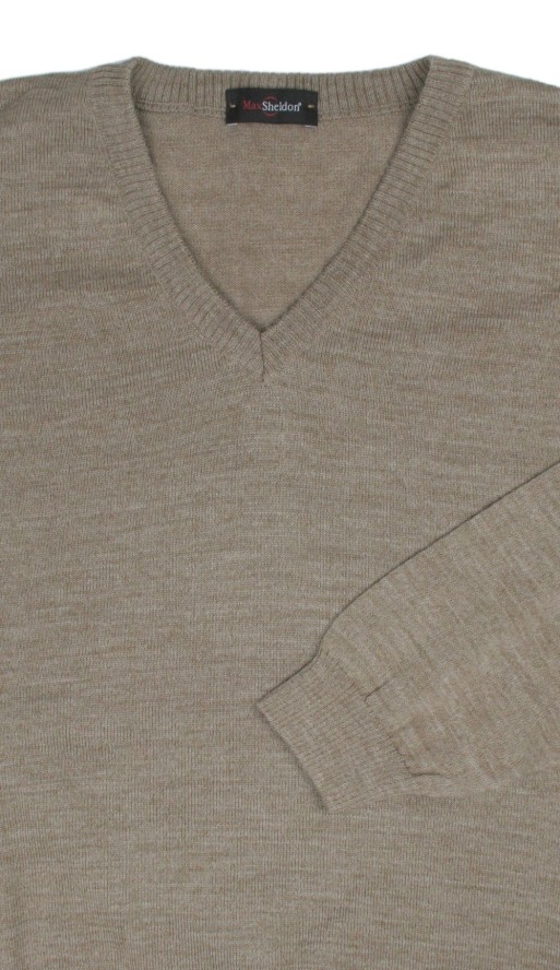 Sweter Beżowy, Dekolt w Serek (V-neck), Męski - MAX SHELDON