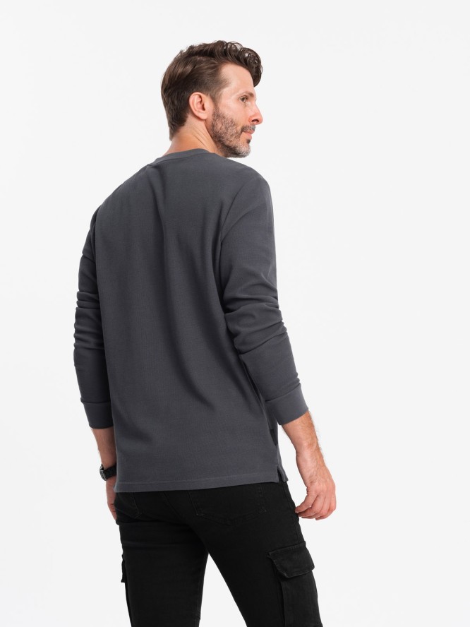 Męski longsleeve zapinany pod szyją z dzianiny waflowej – grafitowy V3 OM-LSCL-0120 - XXL