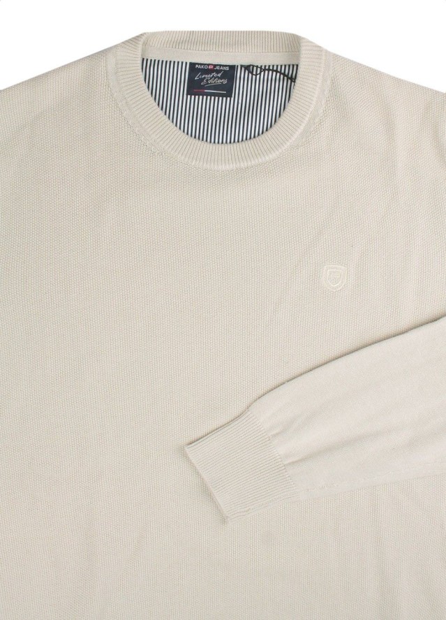 Lekki Sweter Bawełniany - Okrągły Dekolt - Pako Jeans - Jasny Beż